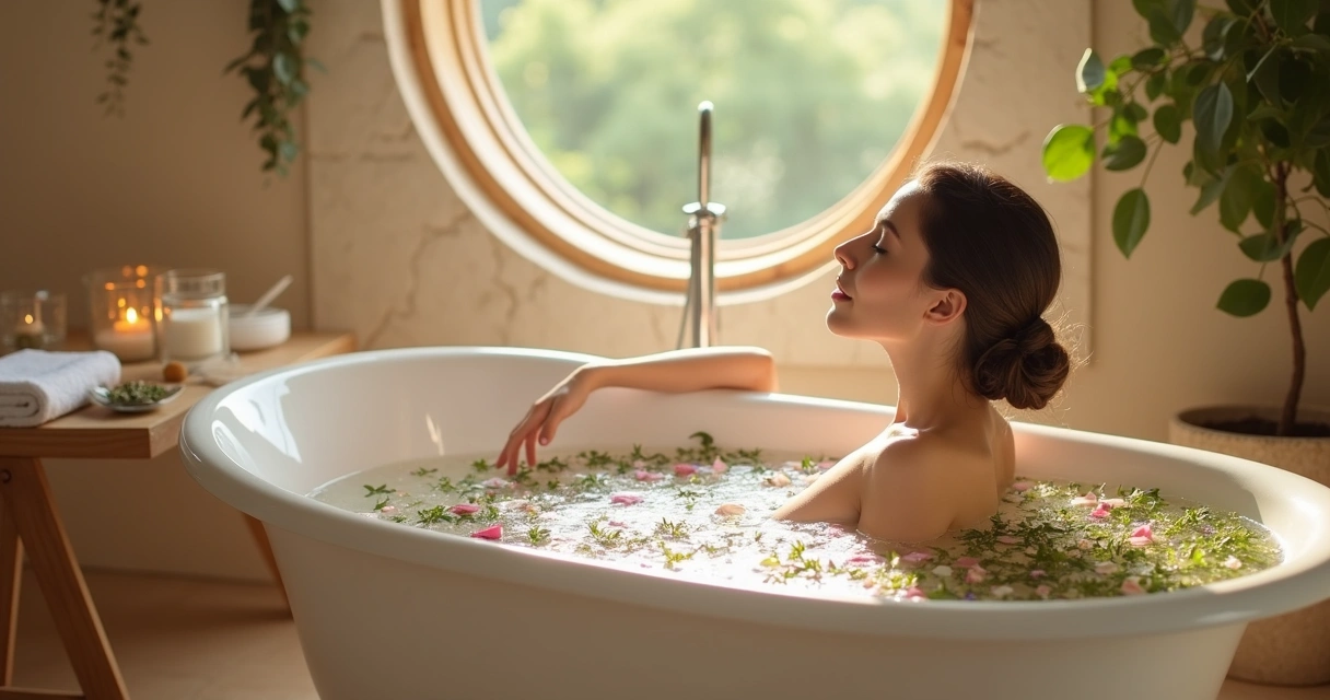 Mulher em banheira com ervas fazendo ritual de autocuidado