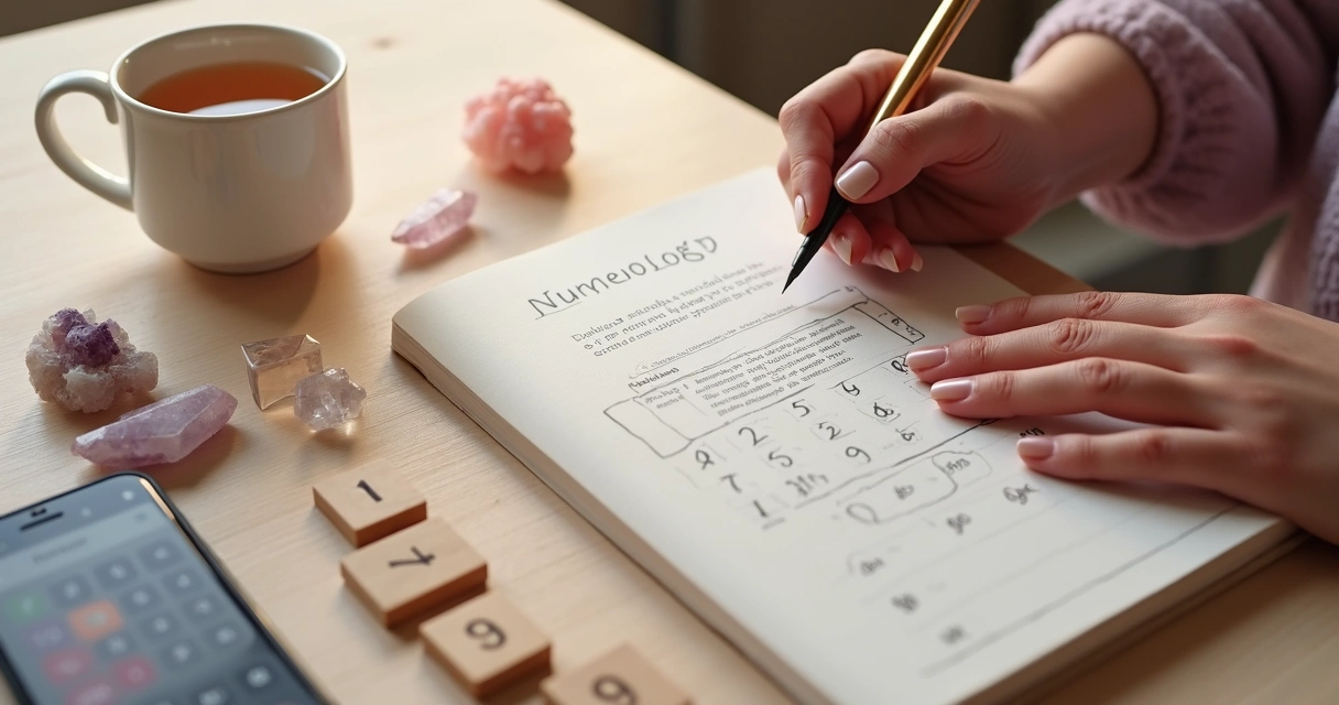 Mulher escrevendo seu mantra do ano em caderno aberto sobre mesa com números e cristais