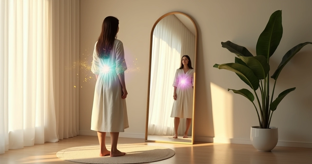 Mulher em pé diante de grande espelho com aura colorida brilhando ao redor do corpo