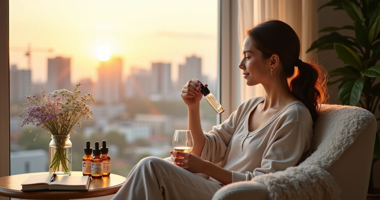 Mulher segurando frasco de floral perto da janela ao amanhecer
