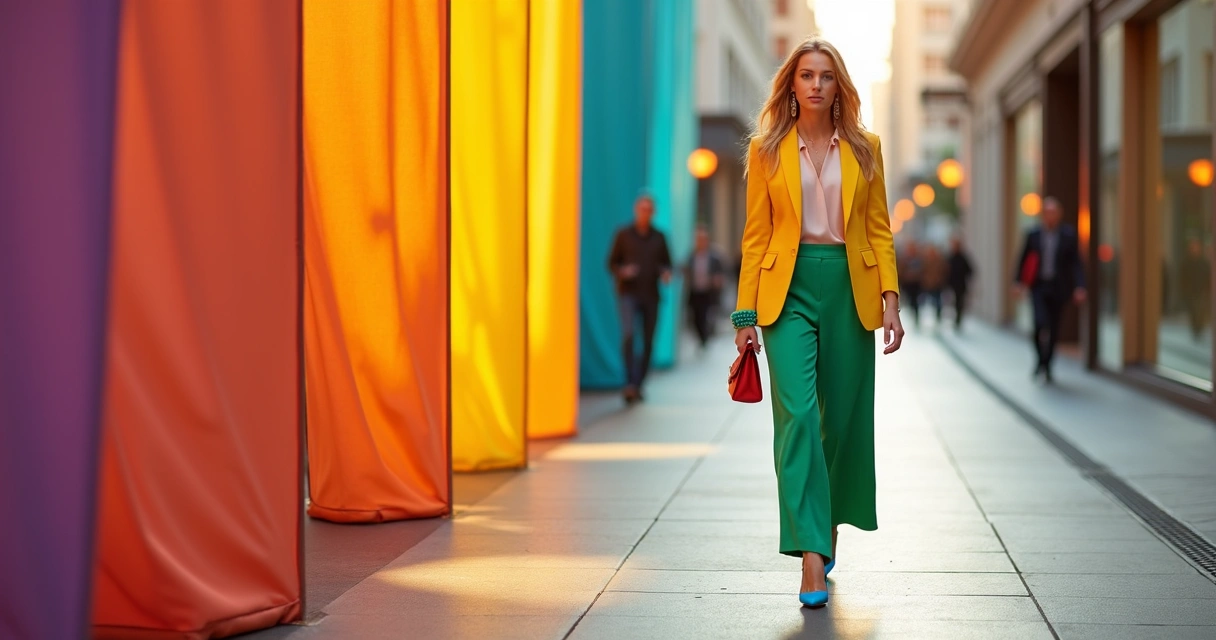 Mulher em passarela urbana com roupas em blocos de cores vibrantes