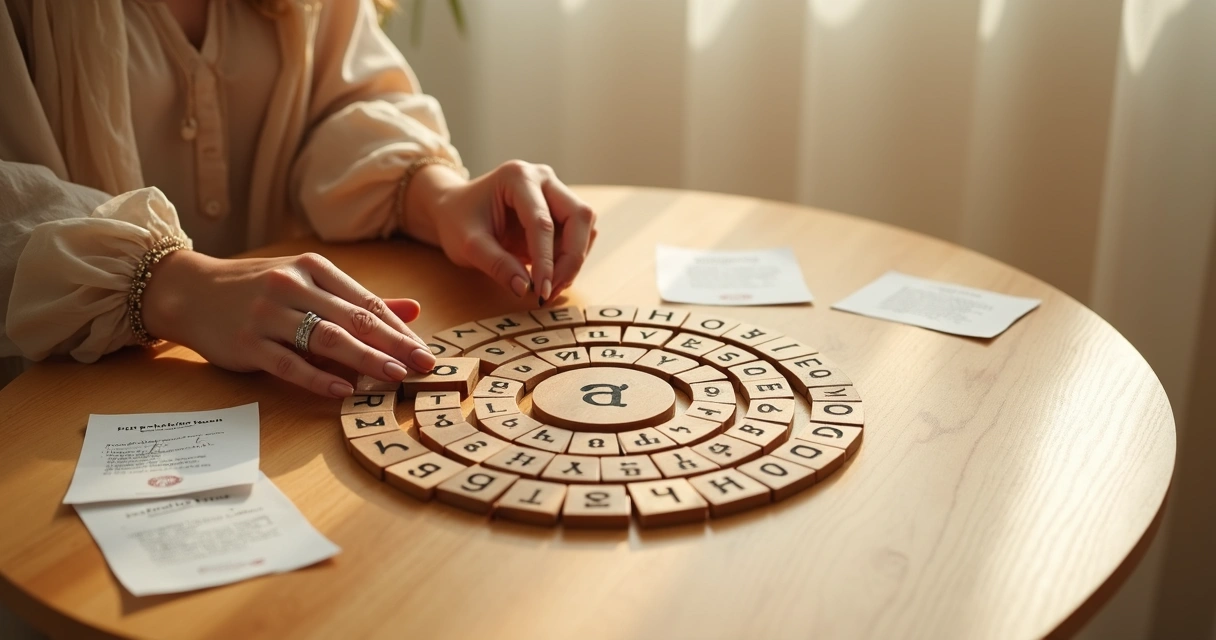 Mesa clara com mãos femininas organizando letras e números em espiral luminosa