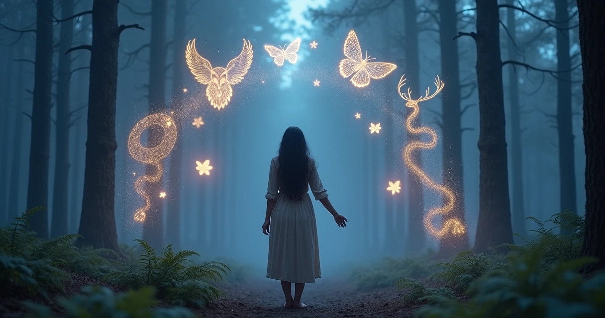 Mulher observando projeções de animais de poder em floresta mística ao anoitecer