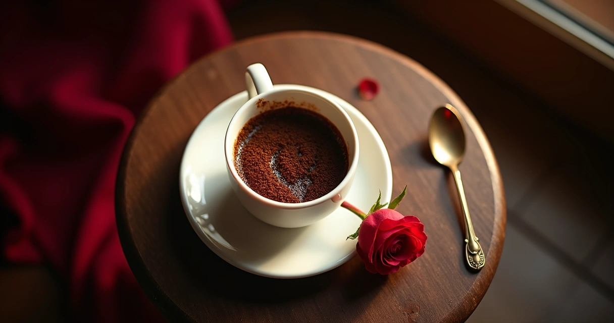 Borra de café em xícara iluminada formando símbolo de coração