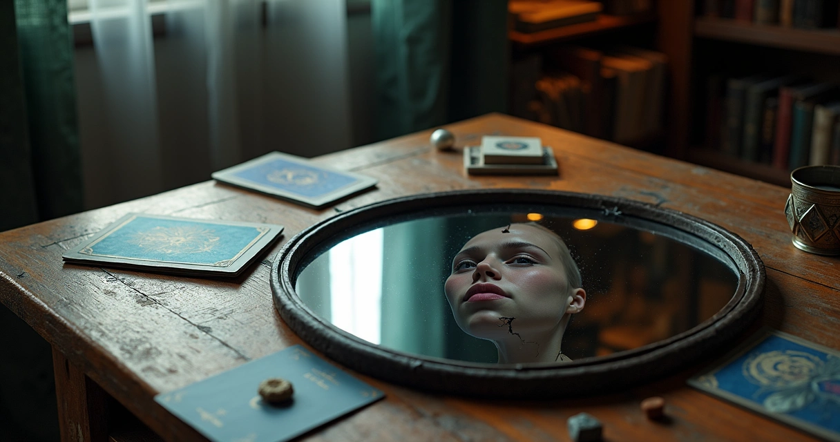Mesa com espelho rachado e baralho de tarô refletindo duas versões da mesma pessoa