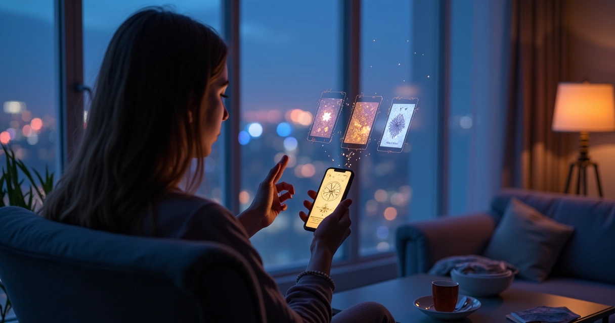 Jovem segurando smartphone com cartas digitais de tarot projetadas no ar