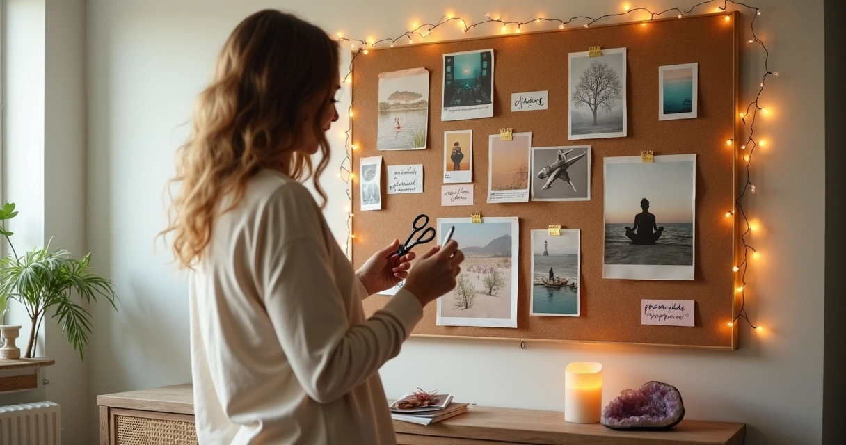 Mulher organizando painel visionário com imagens e metas para 2026 em parede colorida