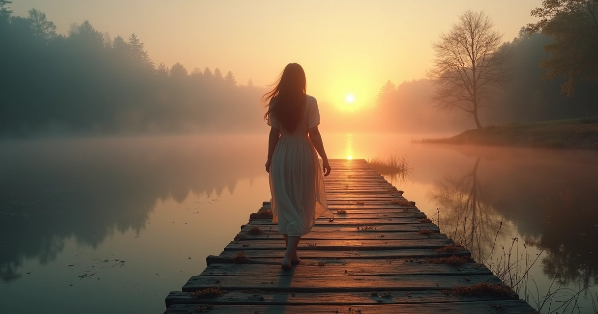Corpo feminino cruzando ponte de luz entre floresta escura e amanhecer colorido