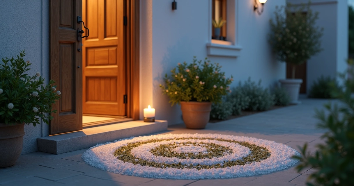 Entrada de casa iluminada com elementos de proteção e energia espiritual
