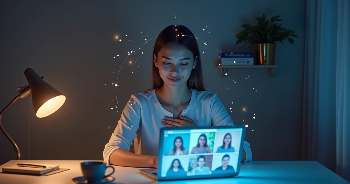 Mulher em reunião online com círculo de luz protetora ao redor