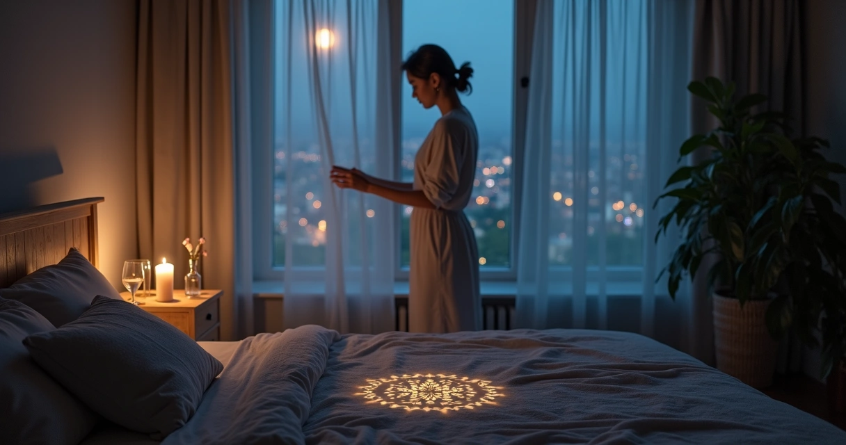 Quarto semi-escuro com pessoa abrindo cortina e luz suave iluminando símbolos de limpeza energética