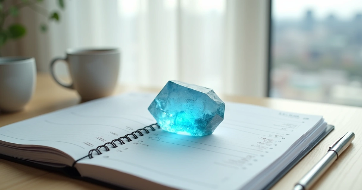 Cristal de quartzo azul brilhando sobre agenda com caneta e xícara de chá