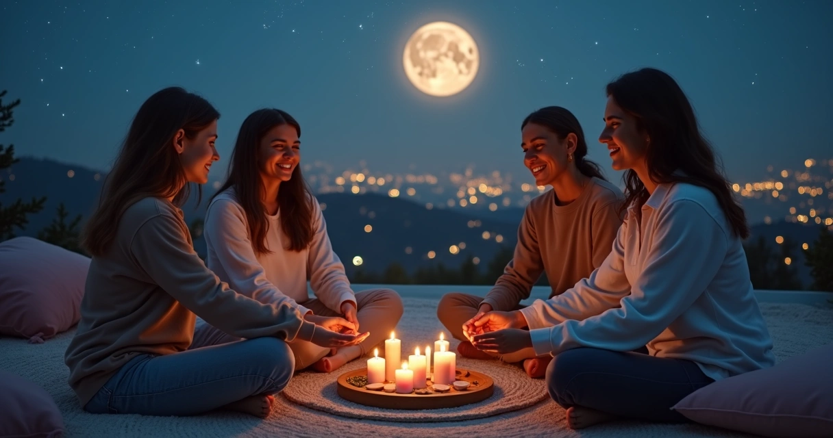 Grupo de amigas em círculo fazendo ritual de amizade à luz da lua cheia