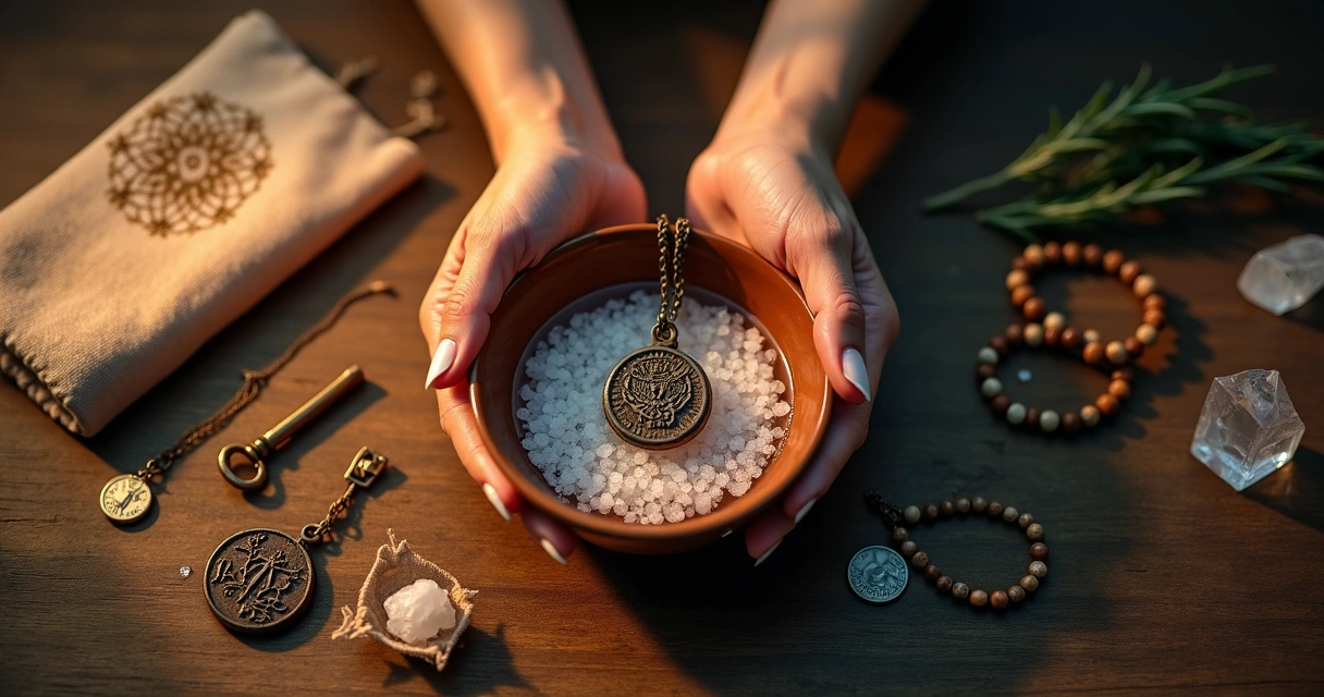Mãos femininas limpando antigos amuletos de família em tigela com água e sal grosso