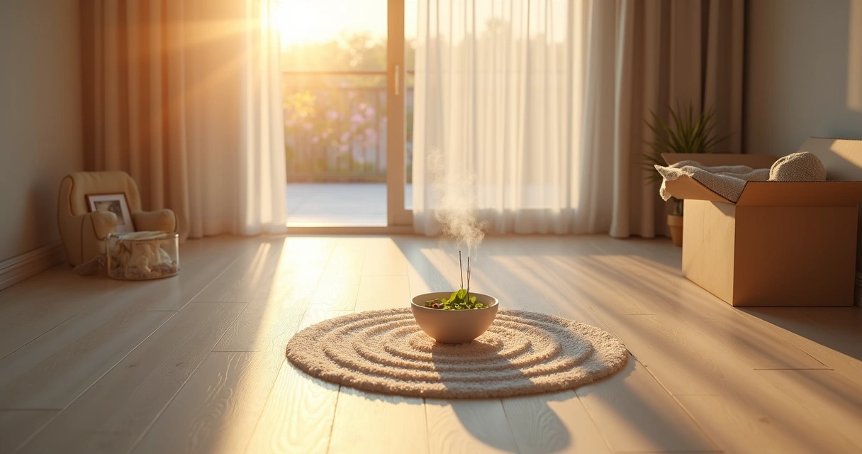 Sala vazia com caminho de sal grosso e defumador para limpeza energética