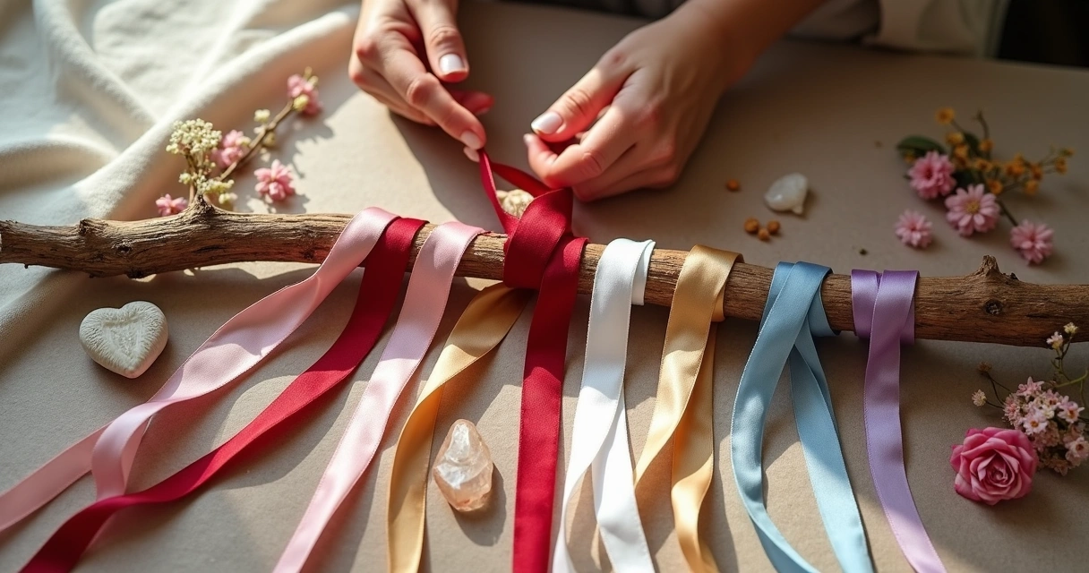 Fitas coloridas amarradas em galho seco sobre altar feminino ritualístico