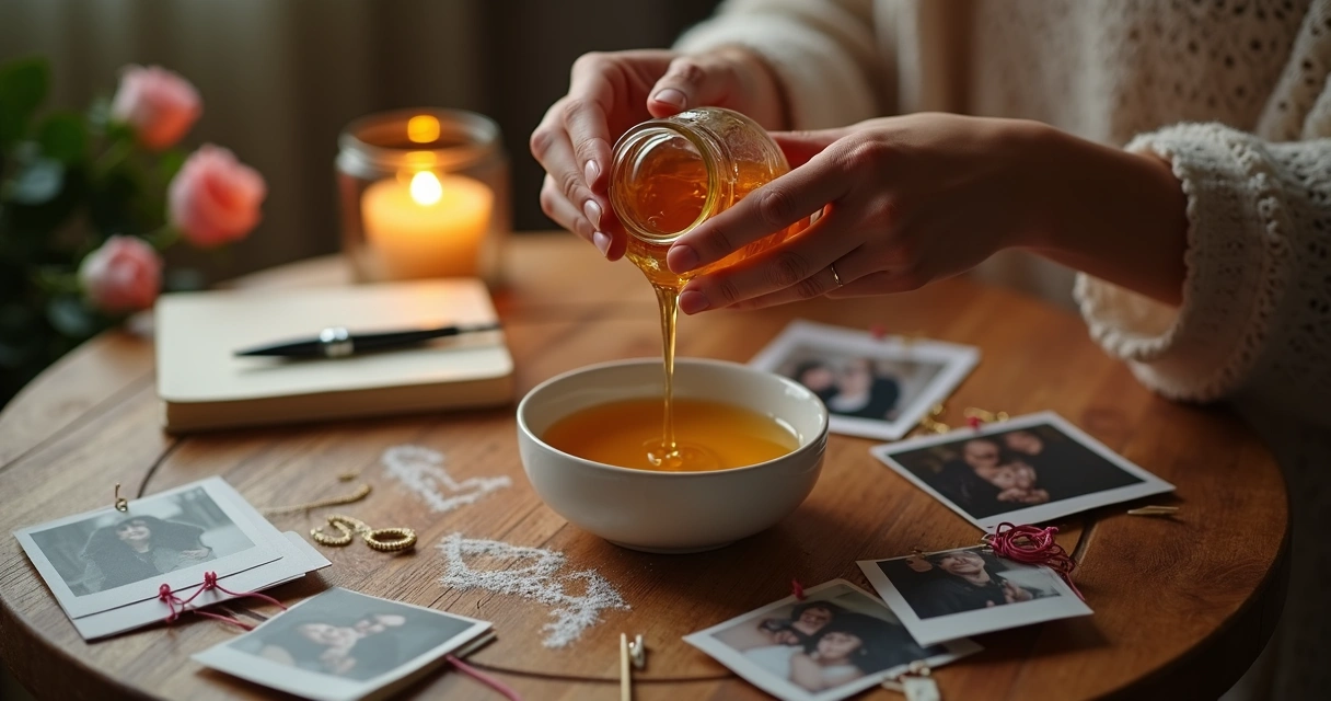 Mãos femininas derramando mel em tigela cercada por fotos e símbolos afetivos