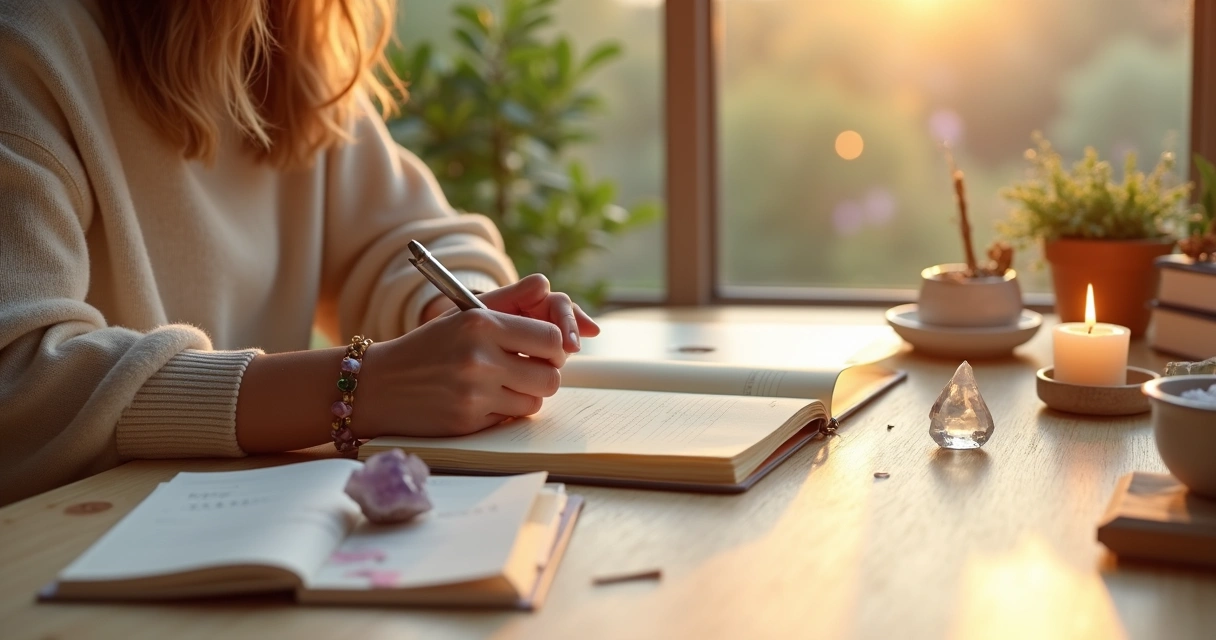 Mulher escrevendo intenções em caderno em mesa com velas, cristais e agenda de projetos
