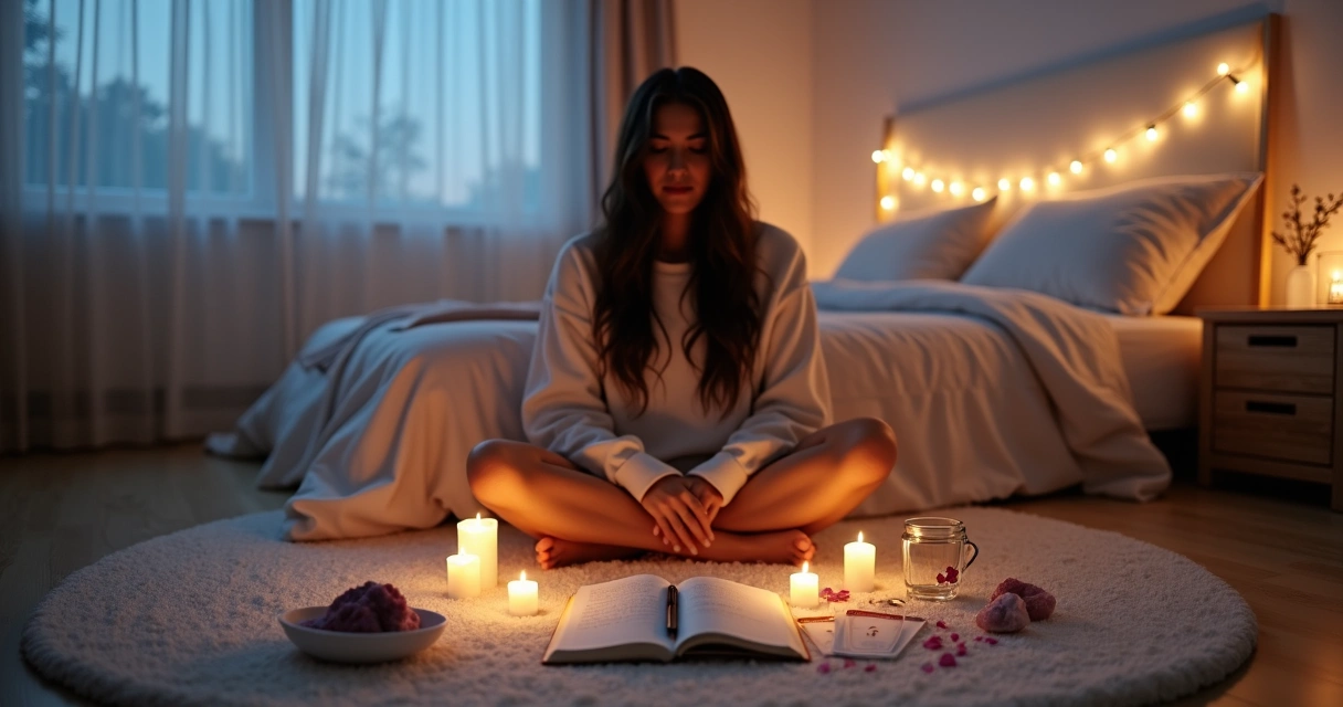 Mulher sentada em chão de quarto com círculo de velas e cartas de tarô ao redor