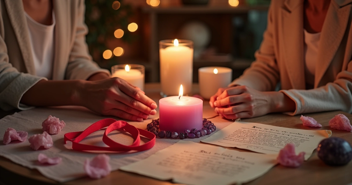 Casal realizando ritual amoroso com velas e símbolos místicos na mesa