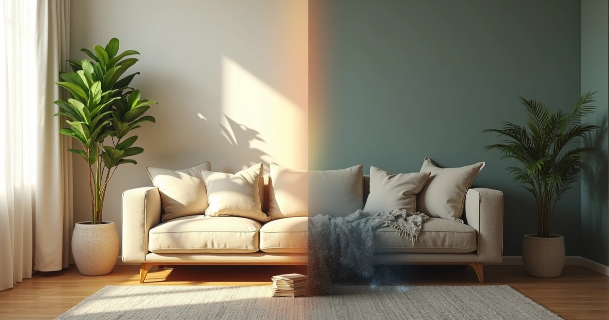 Sala de estar clara com área escura simbolizando bloqueio energético