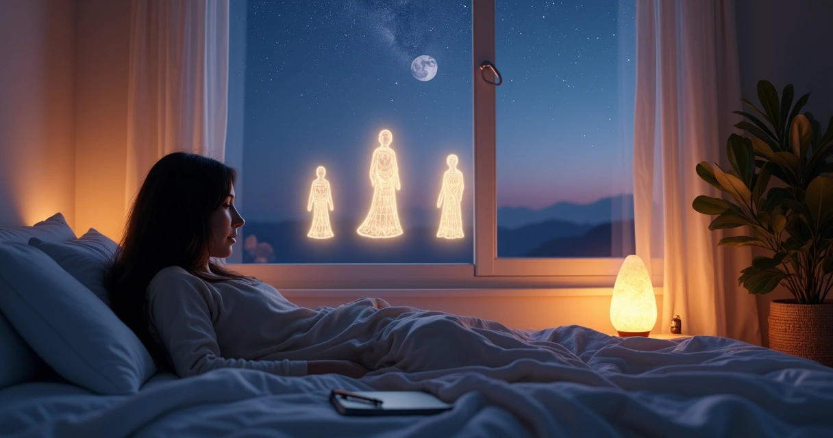 Pessoa deitada em cama olhando janela para céu estrelado com figuras de luz sutil