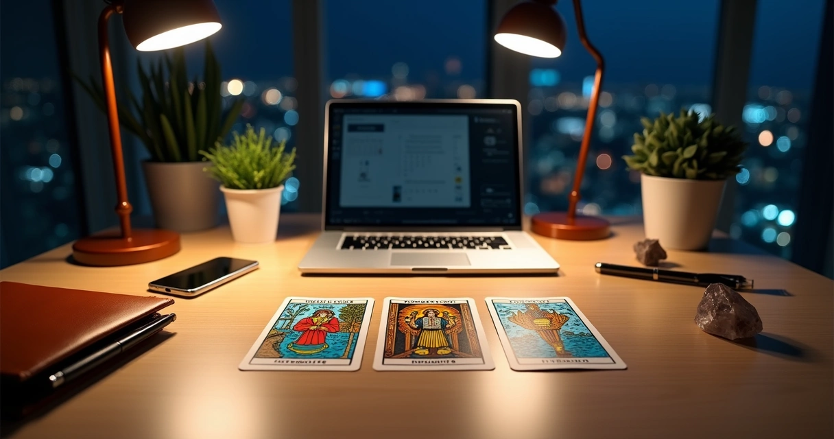Leitura de tarot de Marselha sobre mesa de trabalho moderna