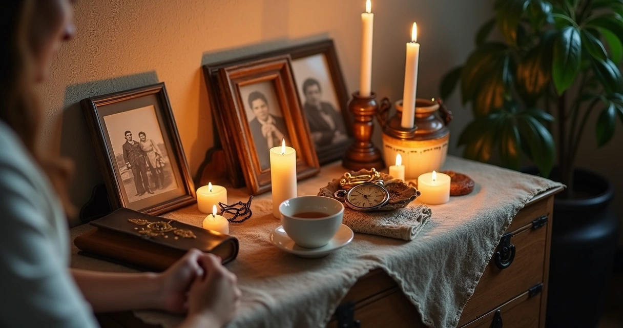 Altar com fotografias antigas e objetos de família iluminados por velas