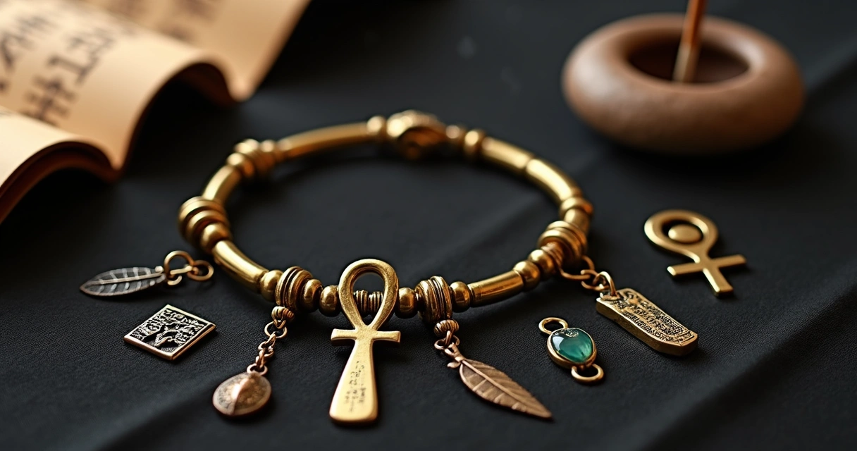 Amuletos egípcios dourados e pulseira moderna sobre tecido escuro iluminado por luz suave