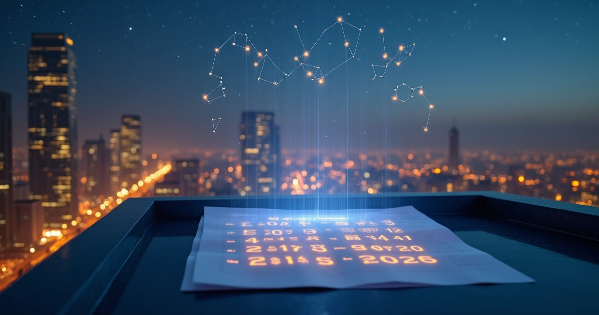 Cena noturna com calendário transparente flutuando sobre paisagem urbana iluminada