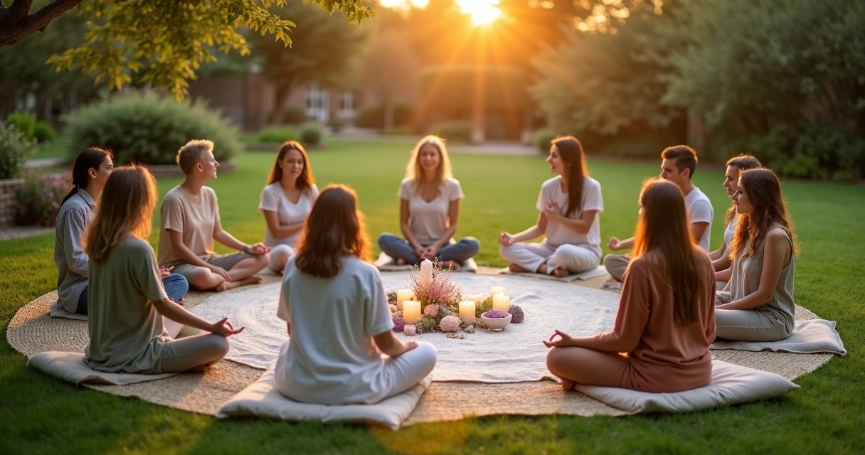 Grupo em círculo de cura sentado em jardim ao entardecer