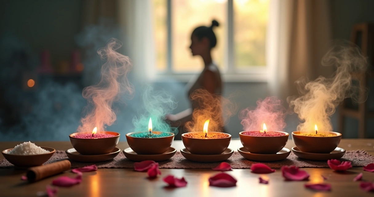 Coleção de incensos coloridos queimando diante de silhueta com aura luminosa