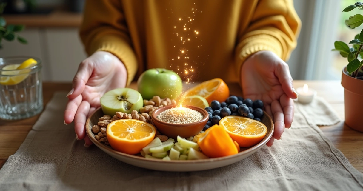 Mãos envolvendo prato de frutas coloridas com leve brilho energético