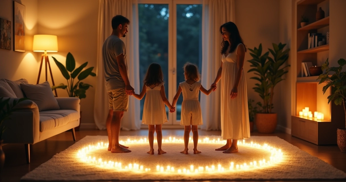 Família de mãos dadas formando círculo de proteção energética na sala de casa