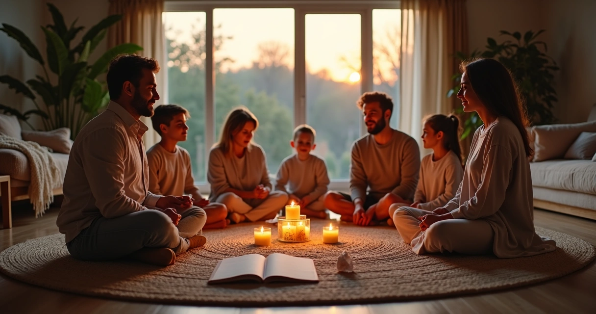 Famílias sentadas meditando em círculo sob luz dourada suave