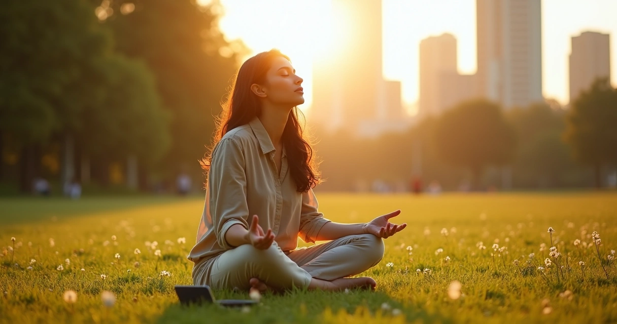 Mulher sentada em parque ao pôr do sol descansando o celular ao lado e olhando para o céu