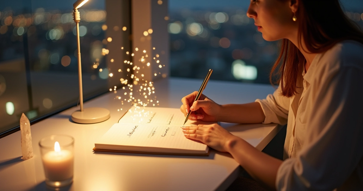 Jovem escrevendo afirmações de prosperidade em caderno iluminado por luz dourada