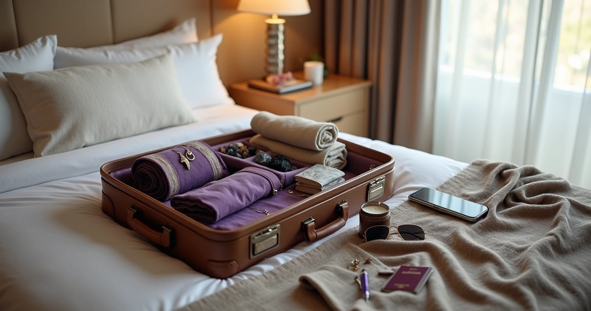 Kit místico de viagem organizado em mala aberta sobre cama de hotel clara