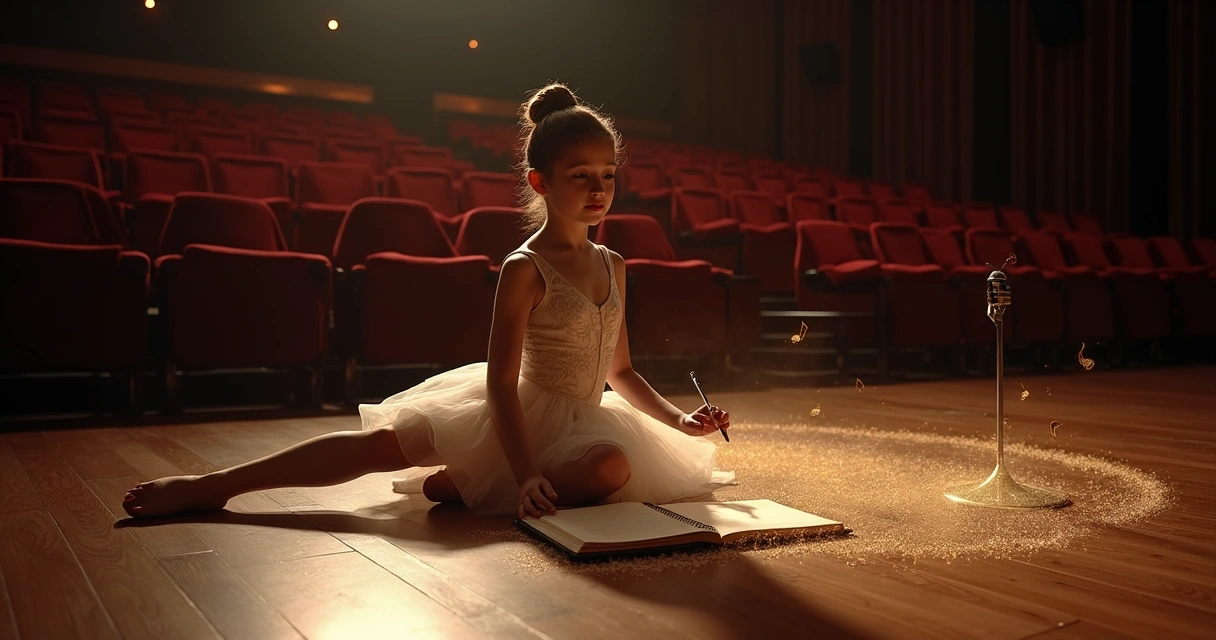 Bailarina em palco escuro envolta por ondas de luz enquanto escreve música