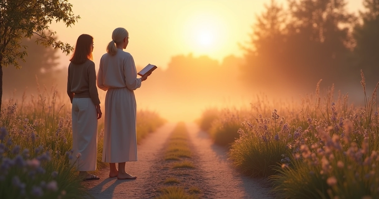 Mulher e mentor caminhando lado a lado em estrada bifurcada ao amanhecer