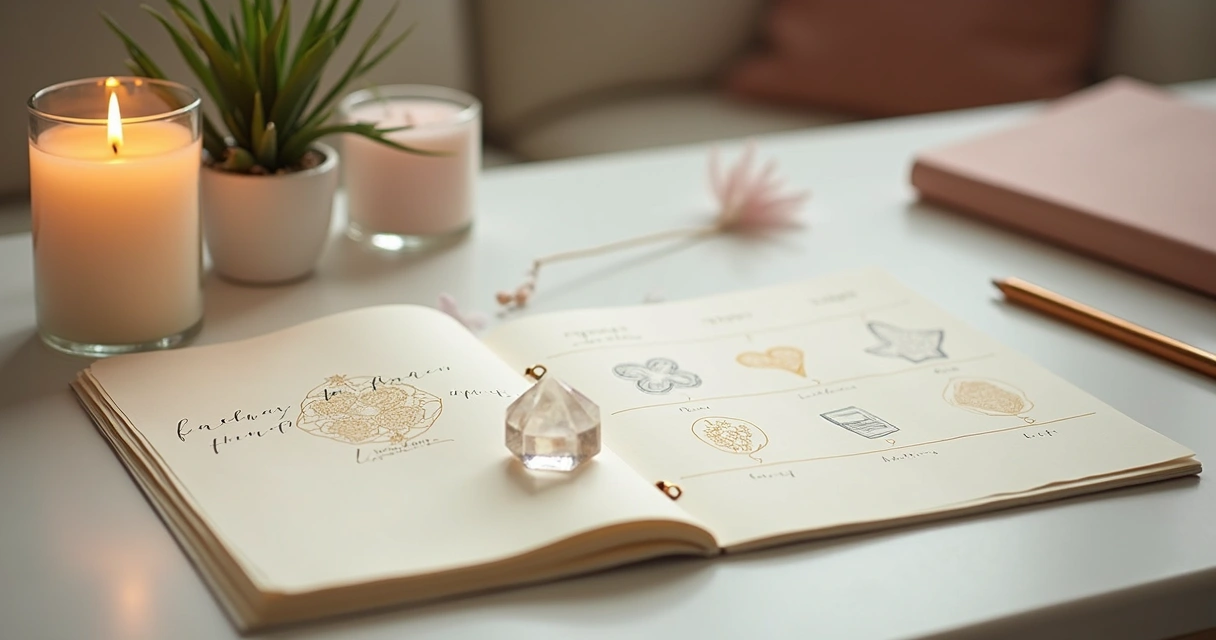Cartas de Lenormand dispostas em tiragem semanal sobre planner com lápis e cristal