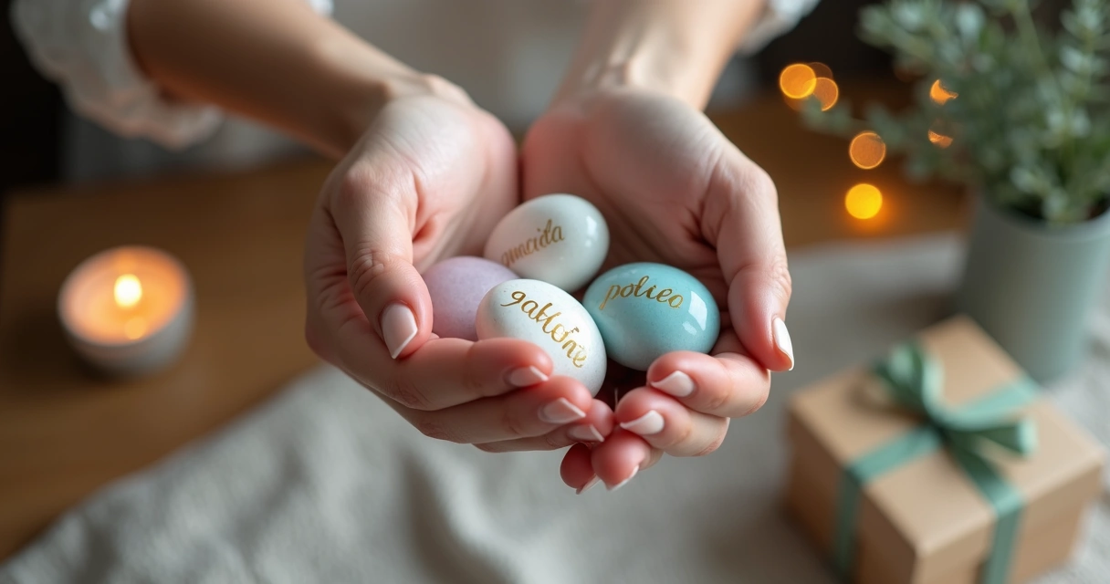 Mãos femininas segurando pedras de intenção coloridas com palavras gravadas