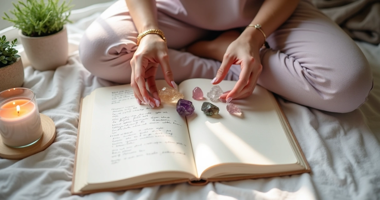 Mãos femininas posicionando cristais coloridos sobre caderno de intenções