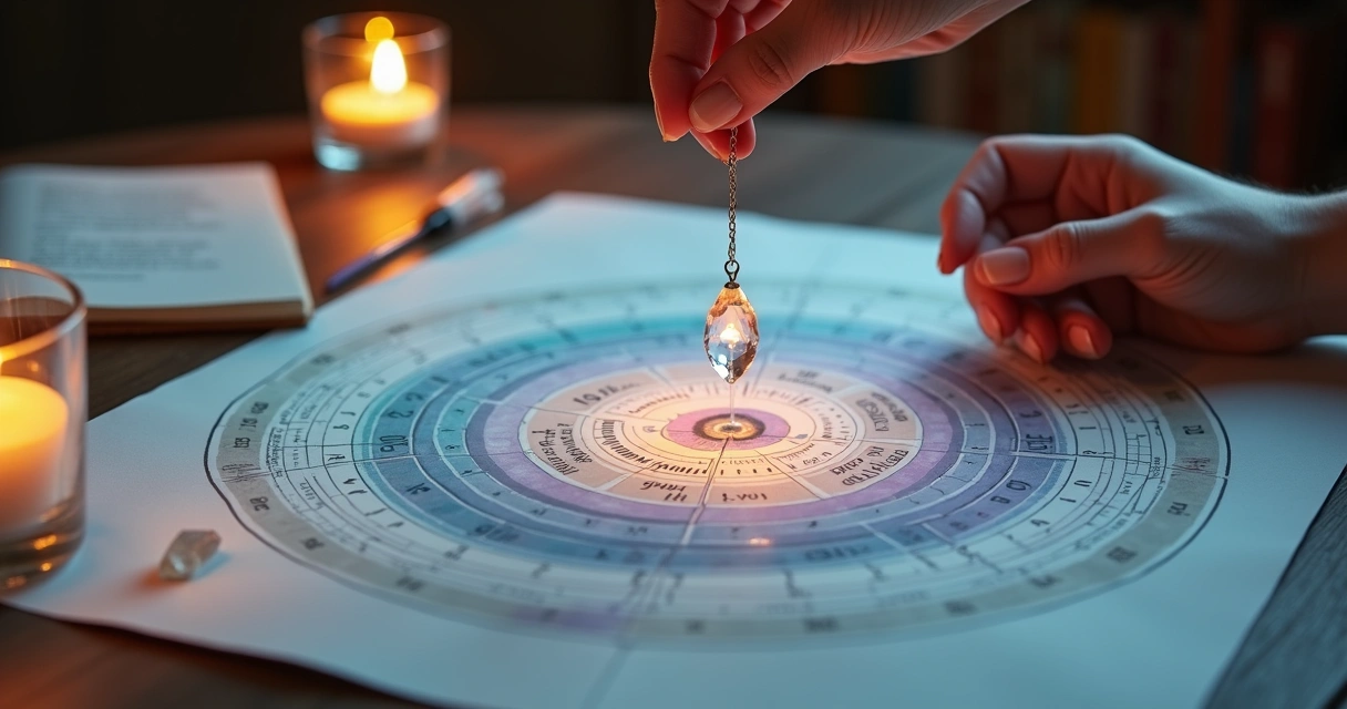 Mesa de madeira com gráficos radiestésicos, pêndulo e luz colorida representando campo energético