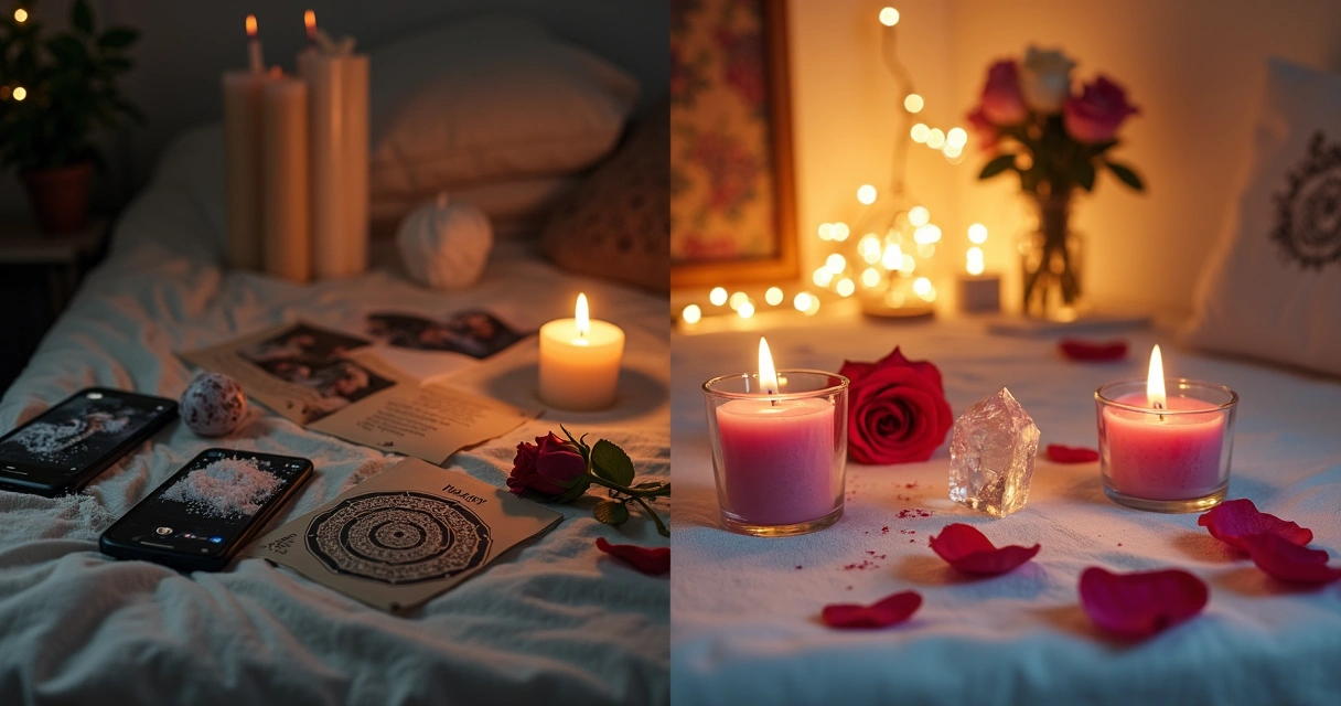 Duas fotos lado a lado mostrando um ritual amoroso feito errado e outro correto