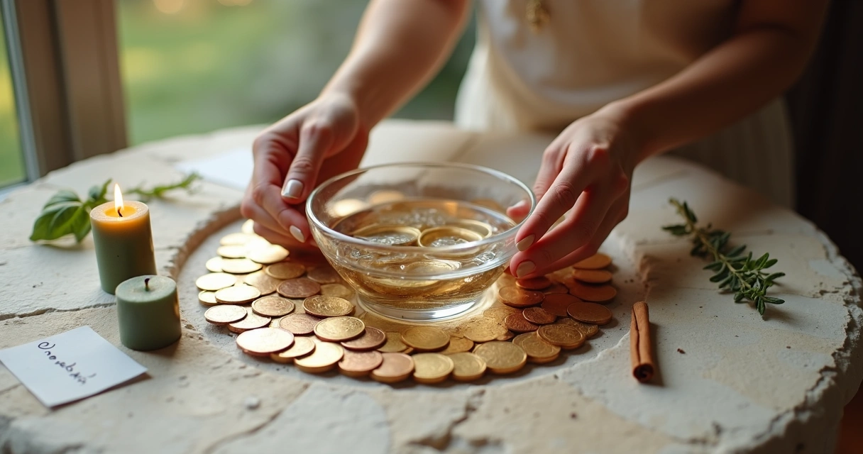 Mãos femininas organizando moedas em círculo de prosperidade em altar iluminado por velas