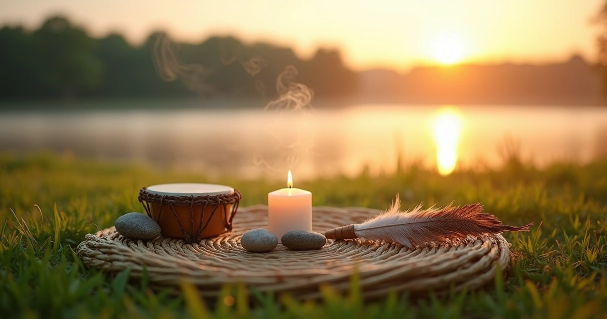 Altar xamânico simples montado no gramado ao amanhecer