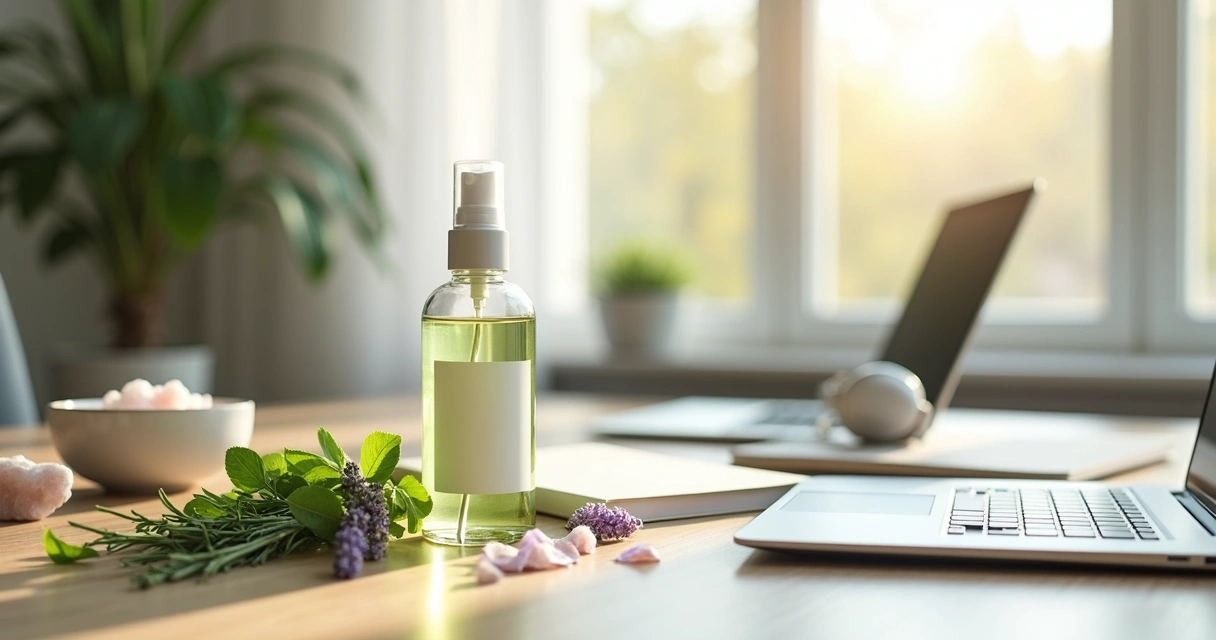 Frasco de spray energético de ervas sobre mesa de trabalho organizada