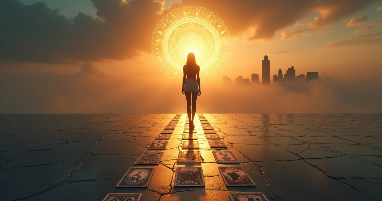 Mulher observando cartas de tarot que formam ponte luminosa até cidade dourada ao fundo