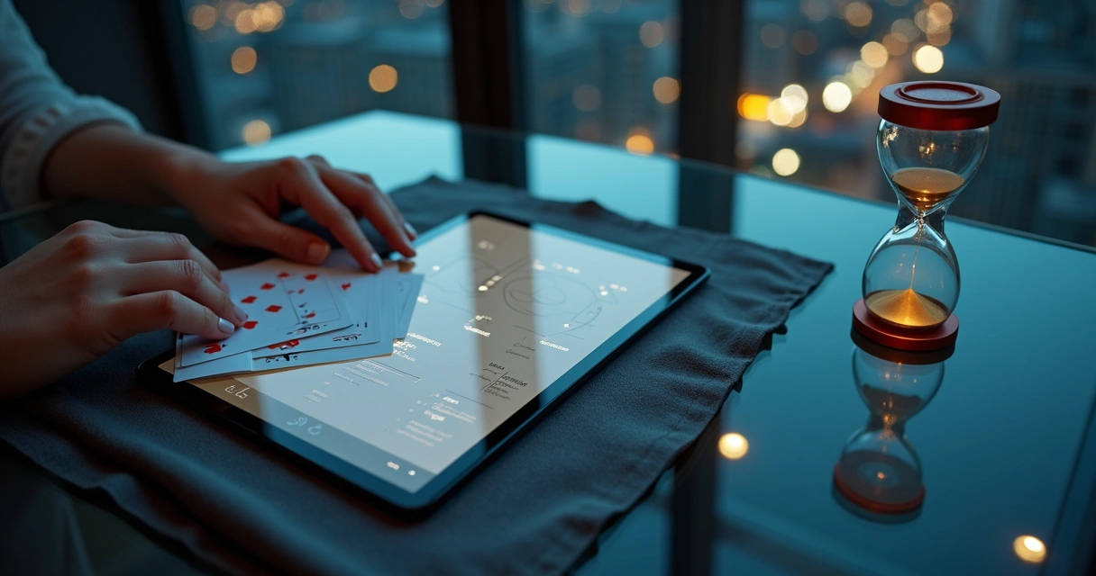 Baralho clássico sendo manuseado sobre mesa moderna com tablet ao lado